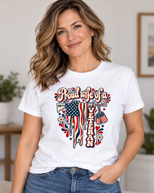 DailyFits Proud Wife of a Veteran Shirt, Retro Hippie Military Wife Tee, Patriotic American Flag