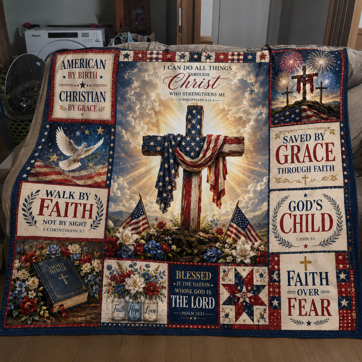 DailyFits Christian Patriotic Faith Blanket American Cross Scripture Throw Blanket