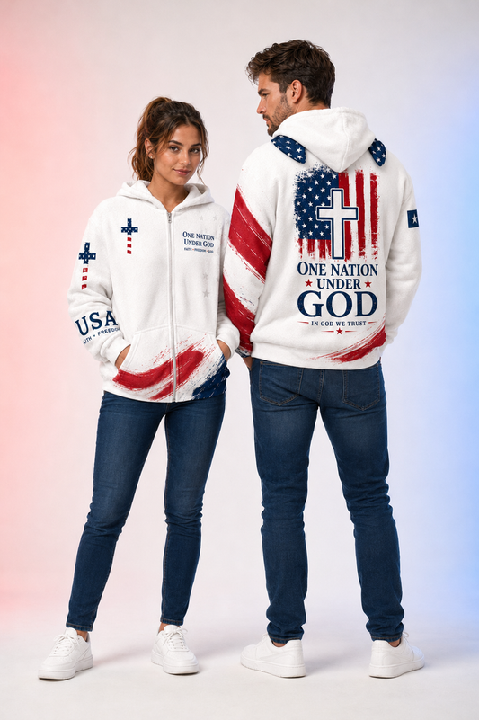 Christian Cross USA Flag Patriotic Cozy Cat Ear Hoodie