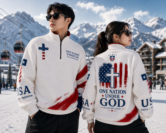 Christian Cross USA Flag Patriotic Turtleneck Zippered Sweatshirt