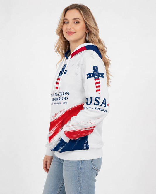 Christian Cross USA Flag Patriotic Cotton Hoodie