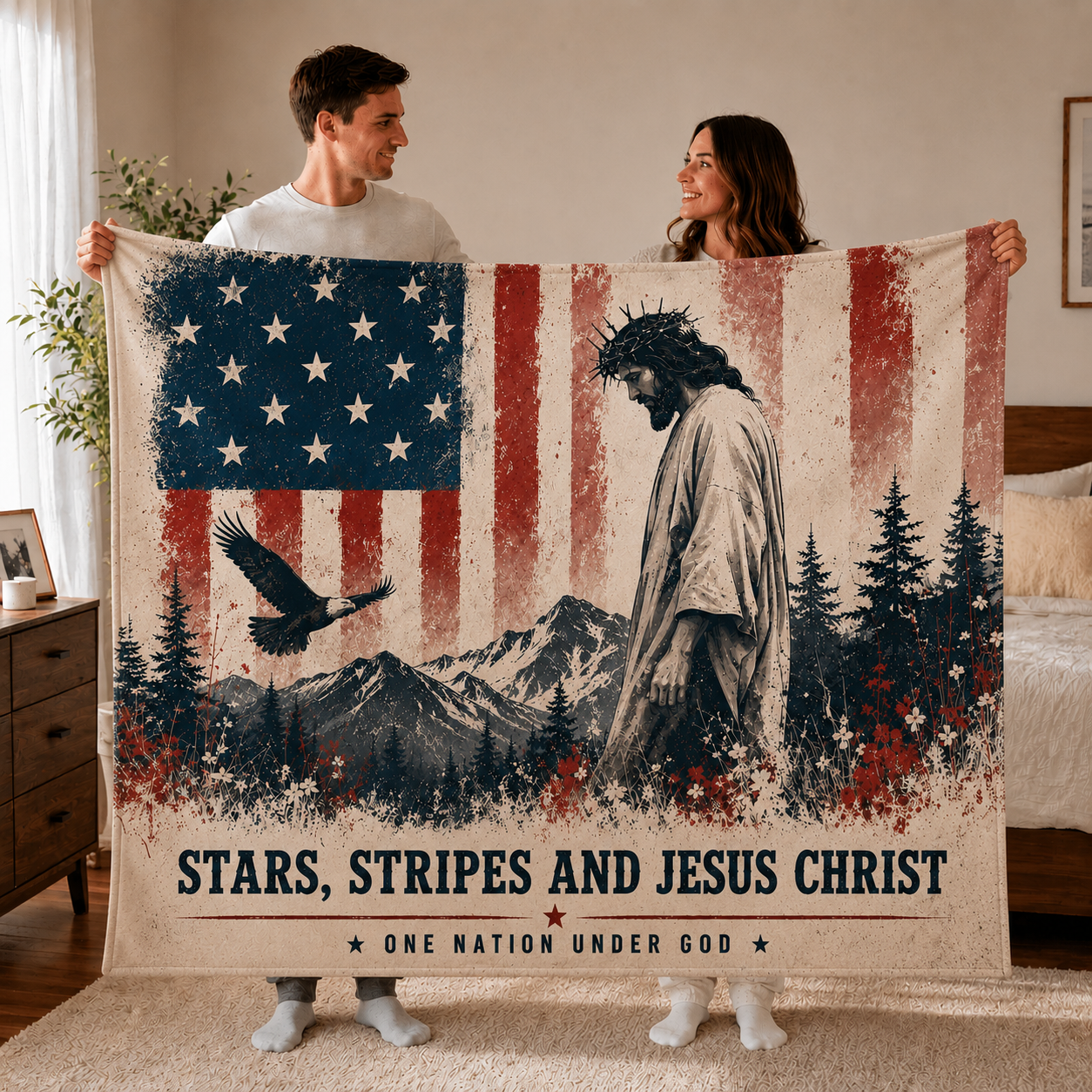 DailyFits Stars Stripes And Jesus Christ One Nation Under God Blanket