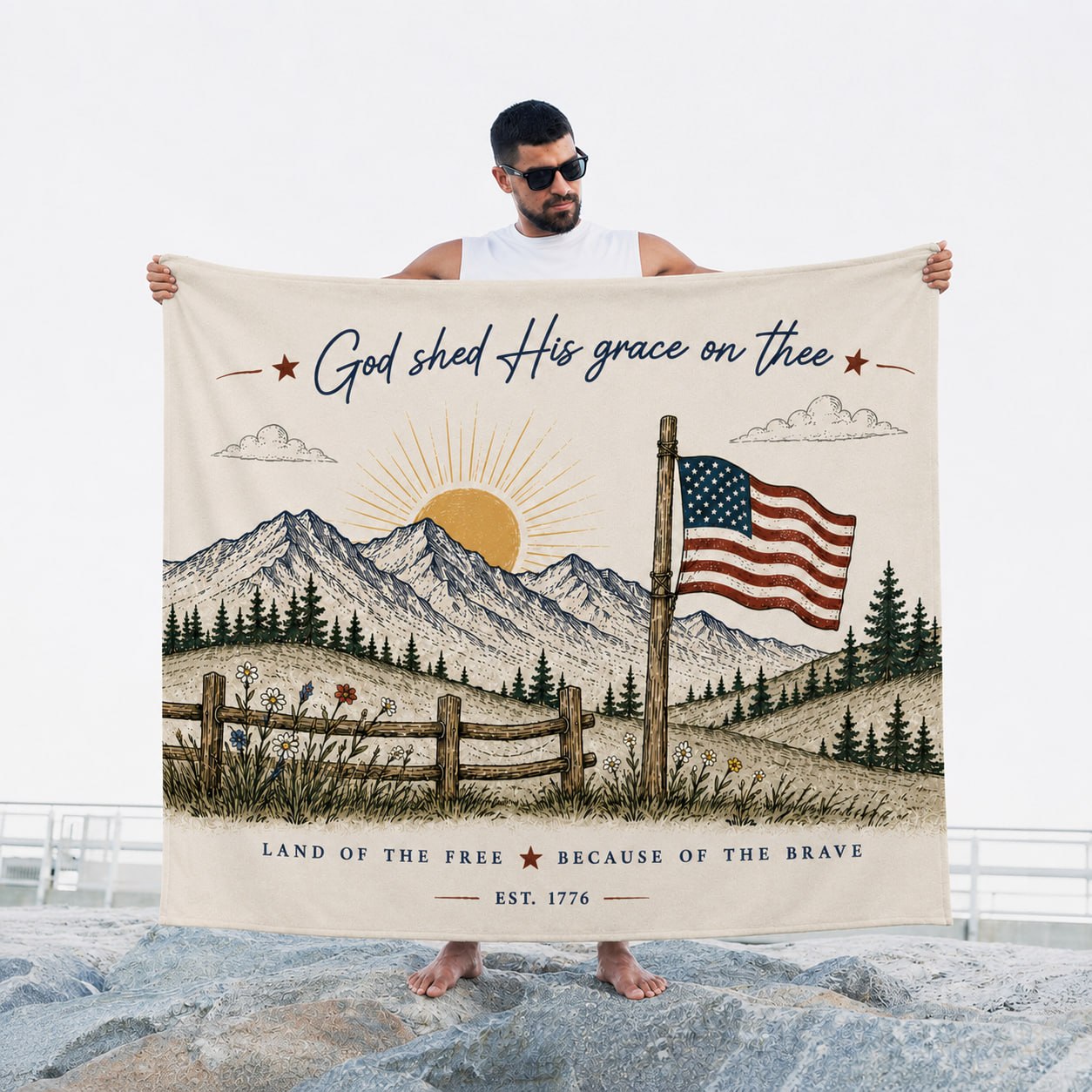 DailyFits God Shed His Grace On Thee Patriotic American Flag Blanket
