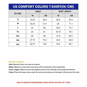 US Comfort Colors t-shirt size chart with measurements in inches and centimeters.