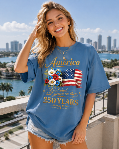 DailyFits America God Shed His Grace on Thee 250 Years Since 1776 Patriotic USA Flag Floral T-Shirt