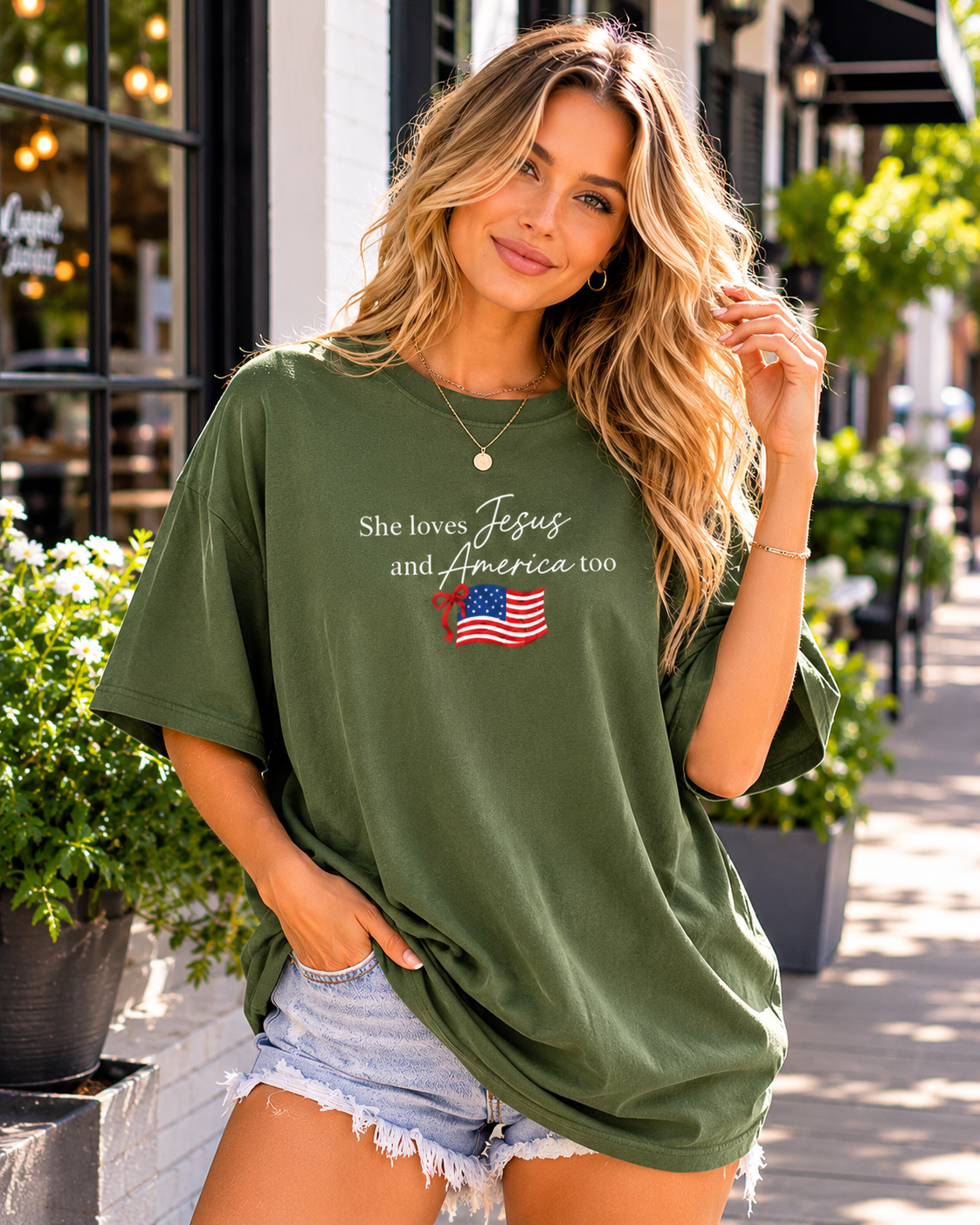 DailyFits She Loves Jesus and America Too Pink T-Shirt | Patriotic Christian Faith Shirt for Women