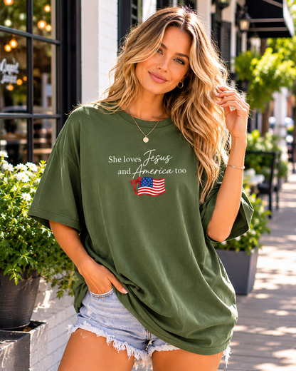 DailyFits She Loves Jesus and America Too Pink T-Shirt | Patriotic Christian Faith Shirt for Women