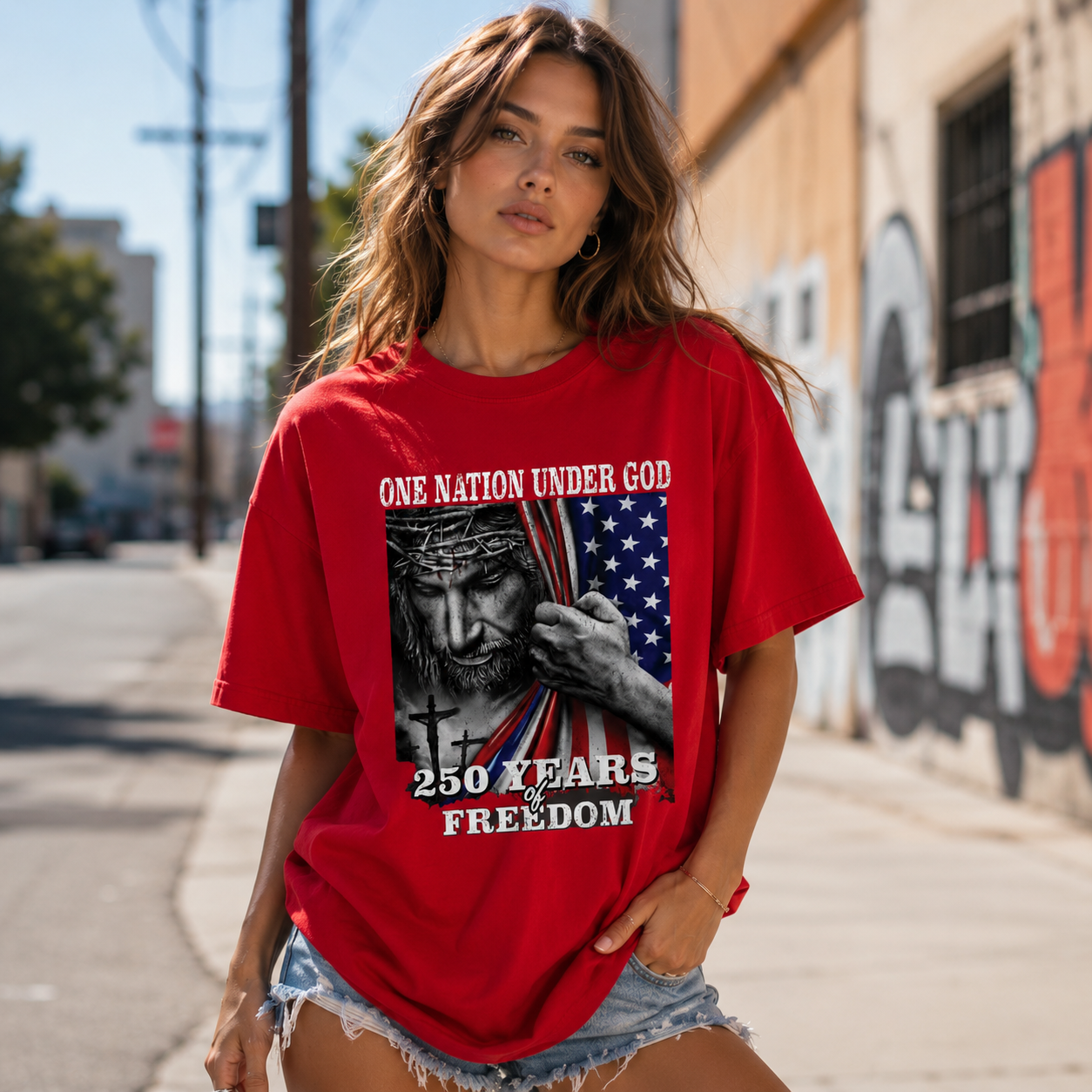 DailyFits One Nation Under God 250 Years of Freedom Patriotic Jesus T-Shirt