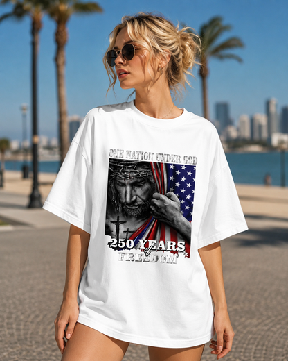 DailyFits One Nation Under God 250 Years of Freedom Patriotic Jesus T-Shirt