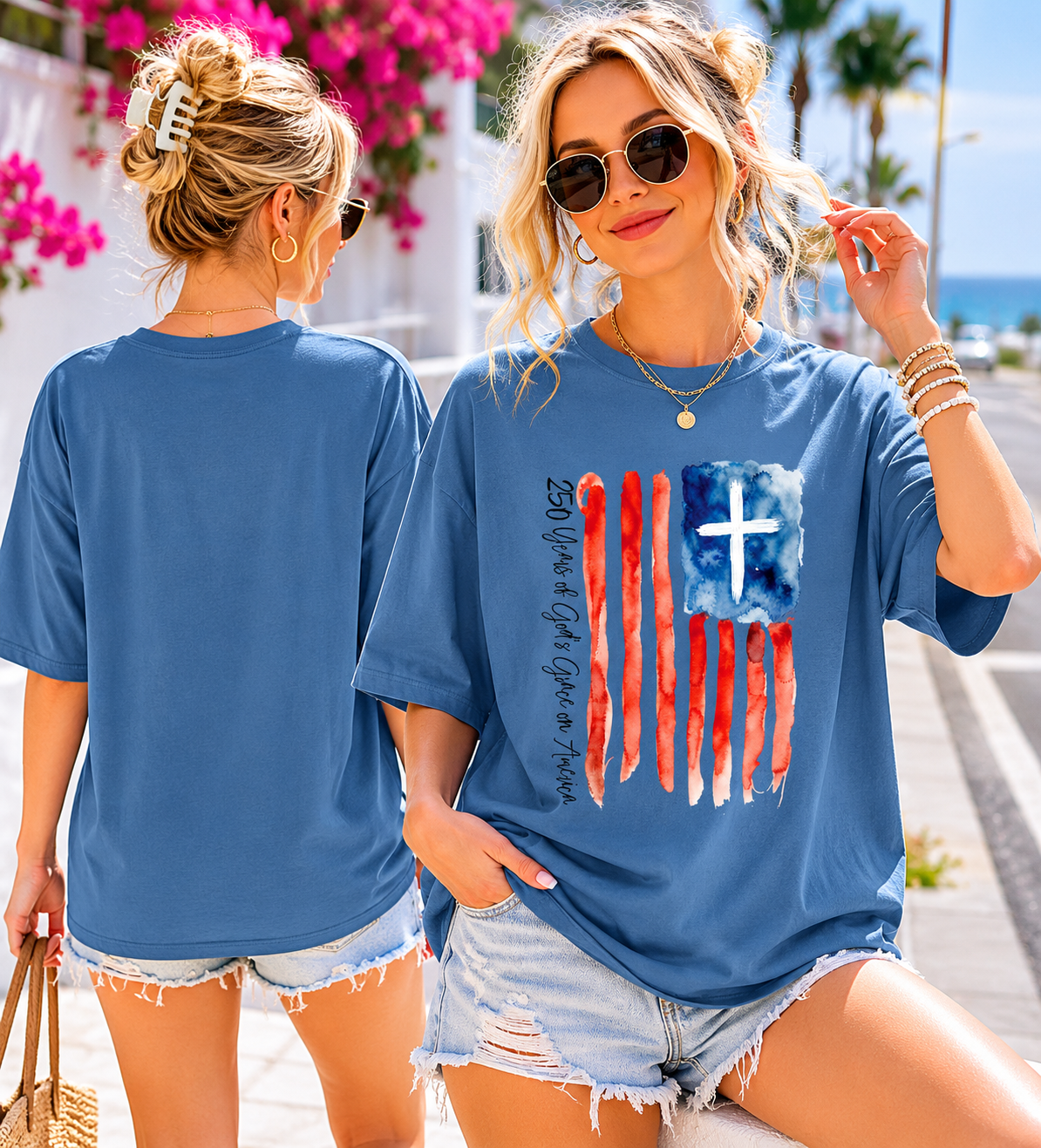 DailyFits 250 Years of God's Grace on America Christian Watercolor American Flag Patriotic T-Shirt