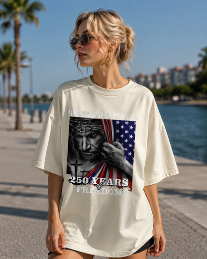 DailyFits One Nation Under God 250 Years of Freedom Patriotic Jesus T-Shirt