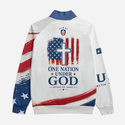 Christian Cross USA Flag Patriotic Stand Up Collar Jacket With Raglan Sleeve