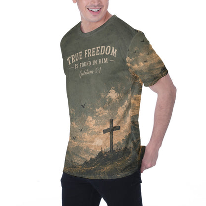 DailyFits True Freedom In Him Christian Patriotic Cross Shirt