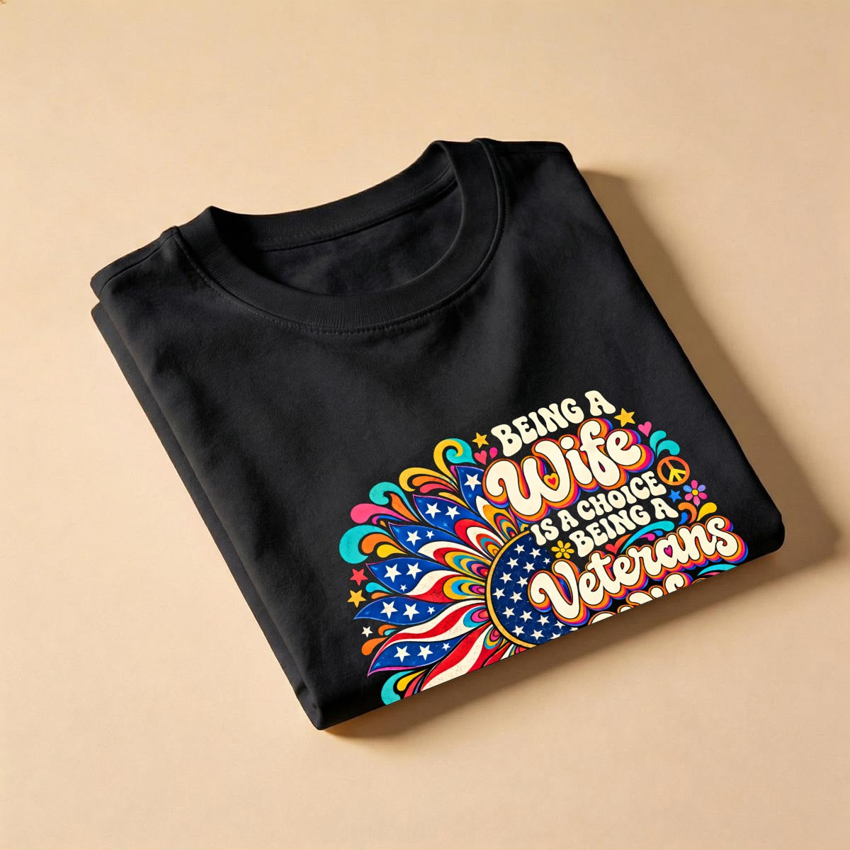 DailyFits Veterans Wife Shirt, Being a Veterans Wife Is an Honor Tee, Retro Hippie Patriotic Graphic