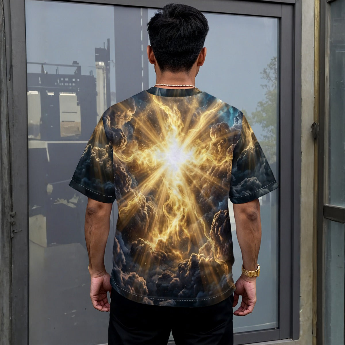 All-Over Print Unisex Drop-shoulder T-shirt|DailyFits Radiant Cross Light