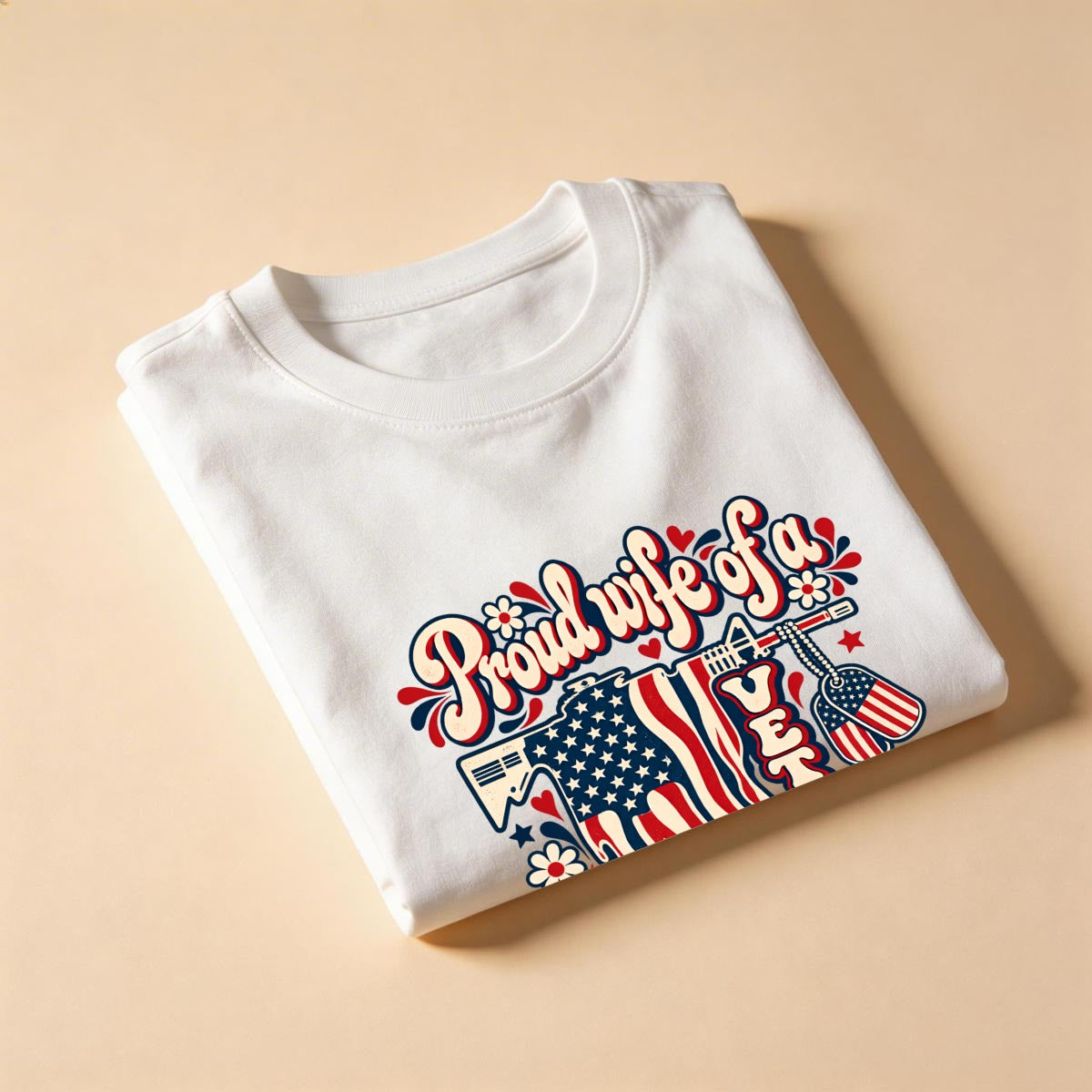 DailyFits Proud Wife of a Veteran Shirt, Retro Hippie Military Wife Tee, Patriotic American Flag