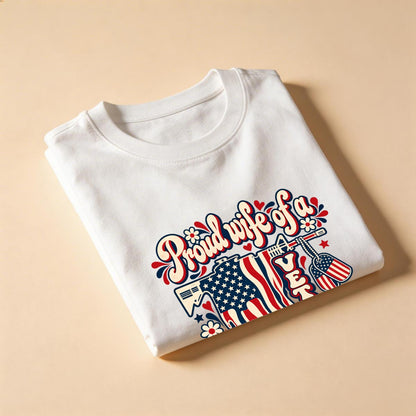 DailyFits Proud Wife of a Veteran Shirt, Retro Hippie Military Wife Tee, Patriotic American Flag