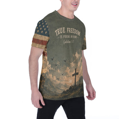 DailyFits True Freedom In Him Christian Patriotic Cross Shirt