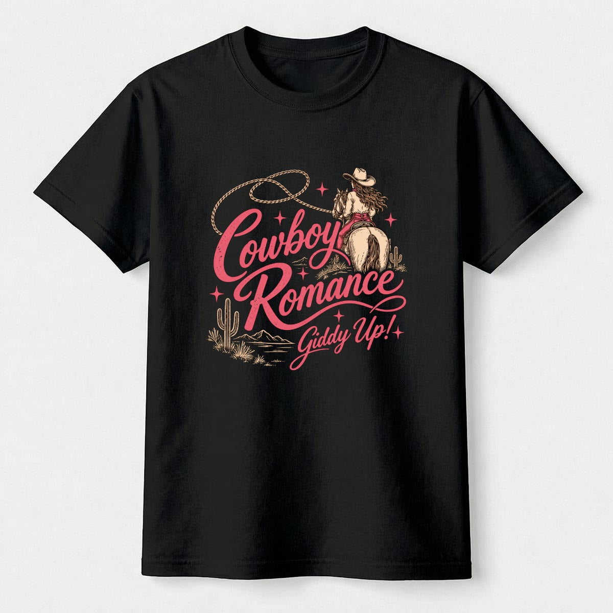 DailyFits Cowboy Romance Giddy Up Shirt, Pink Western Cowgirl Graphic Tee, Vintage Horse Riding T-Sh