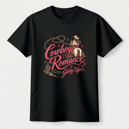 DailyFits Cowboy Romance Giddy Up Shirt, Pink Western Cowgirl Graphic Tee, Vintage Horse Riding T-Sh