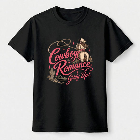 DailyFits Cowboy Romance Giddy Up Shirt, Pink Western Cowgirl Graphic Tee, Vintage Horse Riding T-Sh