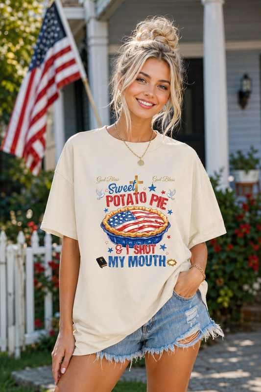 DailyFits Sweet Potato Pie Patriotic Graphic T-Shirt, Funny Southern Food Tee, God Bless America