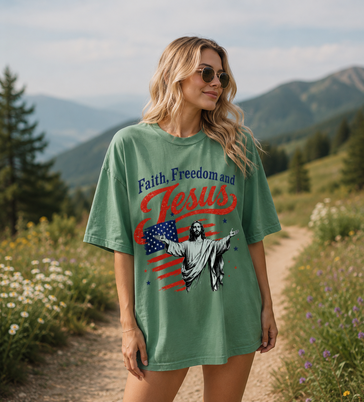 DailyFits Faith, Freedom and Jesus Patriotic Christian T-Shirt