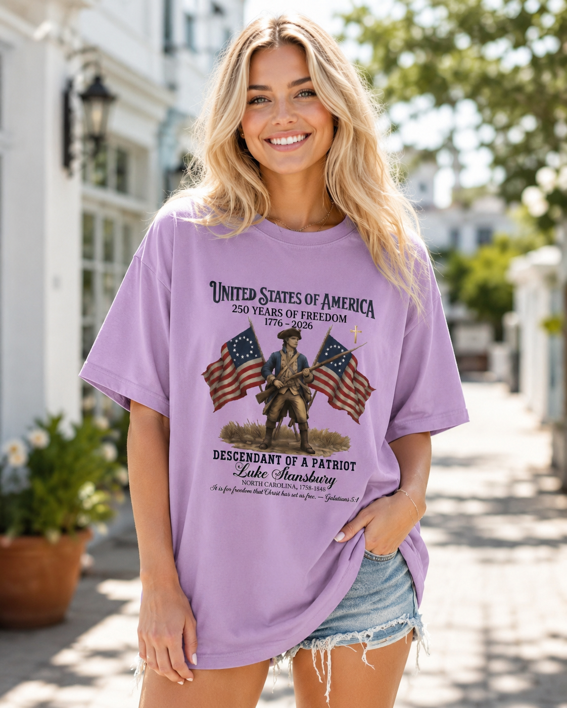 DailyFits Luke Stansbury Descendant of a Patriot T-Shirt | 250 Years of Freedom 1776-2026 Christian