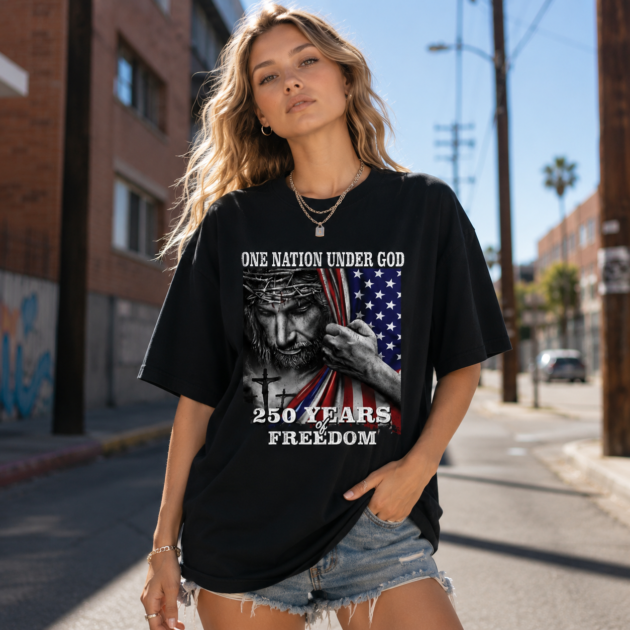 DailyFits One Nation Under God 250 Years of Freedom Patriotic Jesus T-Shirt