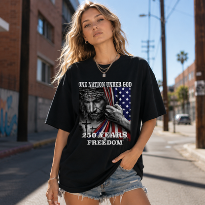 DailyFits One Nation Under God 250 Years of Freedom Patriotic Jesus T-Shirt