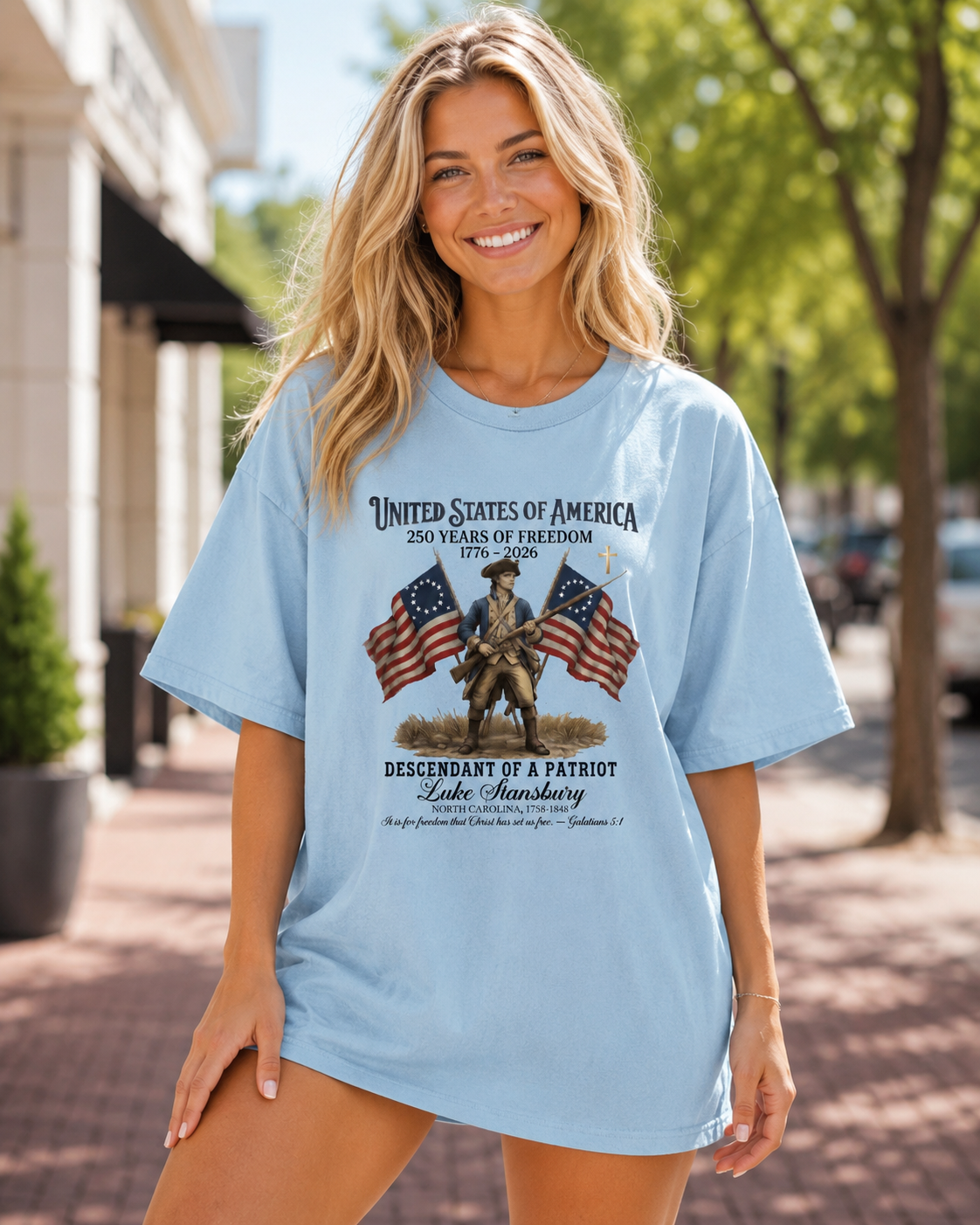 DailyFits Luke Stansbury Descendant of a Patriot T-Shirt | 250 Years of Freedom 1776-2026 Christian