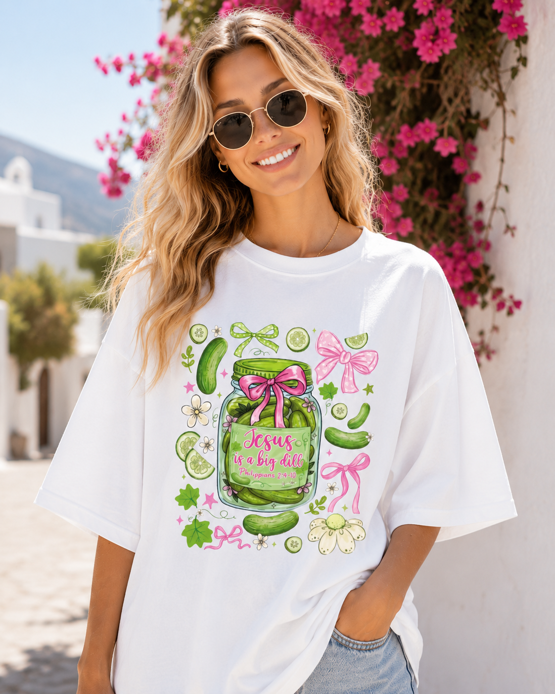 DailyFits Jesus Is A Big Dill Pickle Christian Cute Coquette Bow T-Shirt