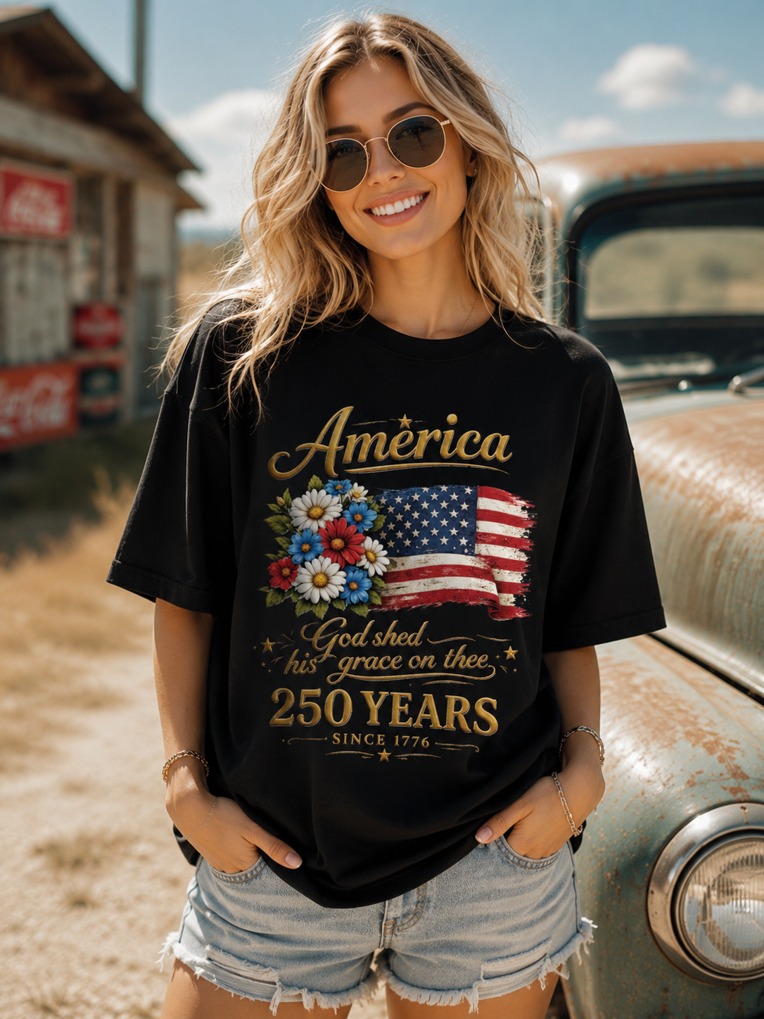 DailyFits America God Shed His Grace on Thee 250 Years Since 1776 Patriotic USA Flag Floral T-Shirt