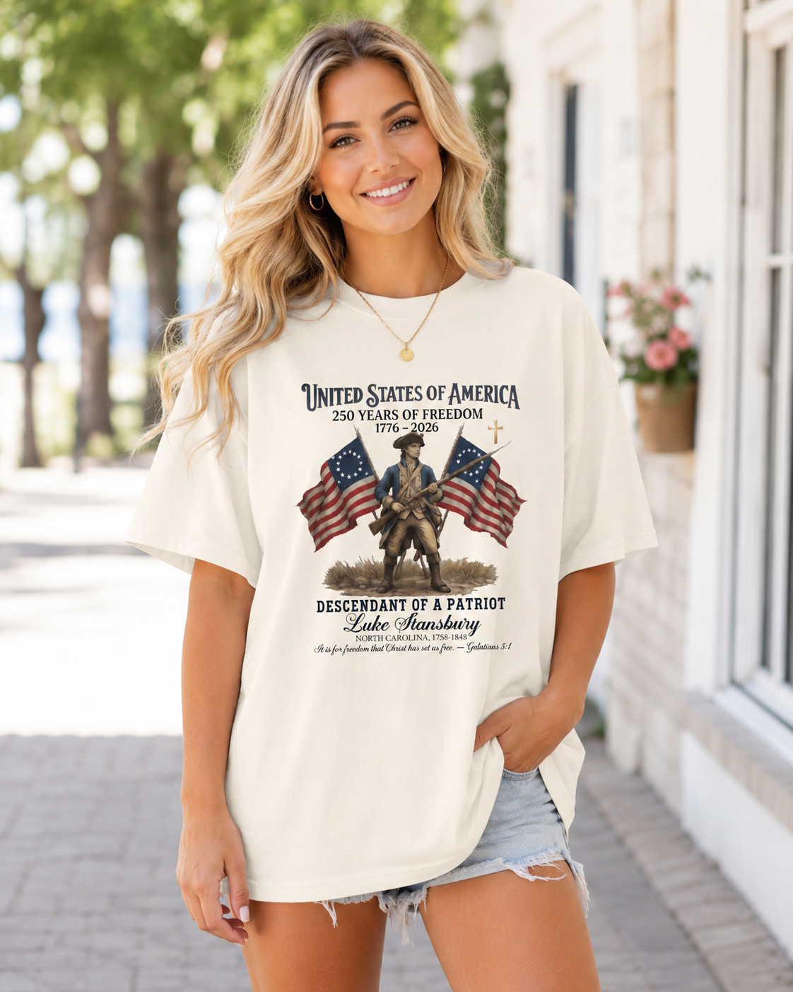 DailyFits Luke Stansbury Descendant of a Patriot T-Shirt | 250 Years of Freedom 1776-2026 Christian