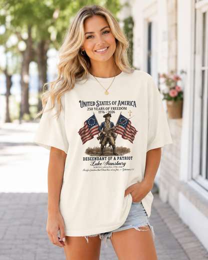 DailyFits Luke Stansbury Descendant of a Patriot T-Shirt | 250 Years of Freedom 1776-2026 Christian