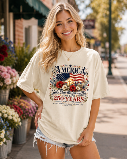DailyFits America 250 Years Christian T-Shirt | God Shed His Grace Jesus Saves Patriotic USA Faith