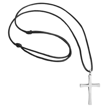 Stainless Steel Cross Necklace with Black Leather Cord