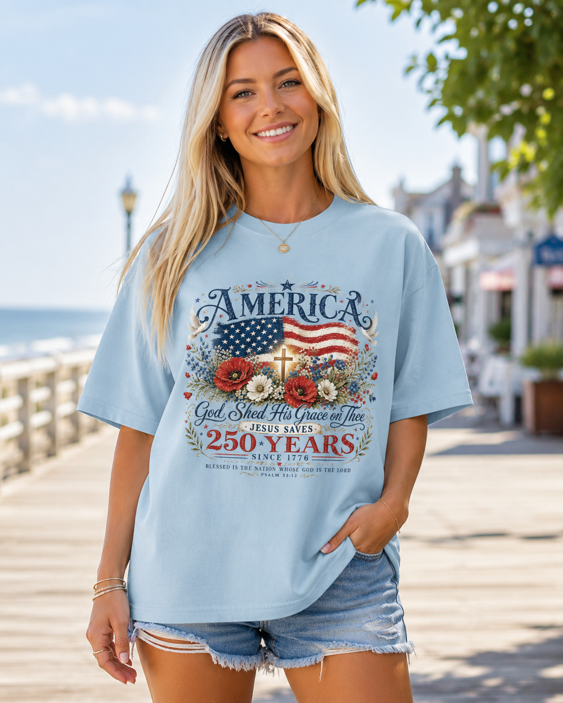 DailyFits America 250 Years Christian T-Shirt | God Shed His Grace Jesus Saves Patriotic USA Faith
