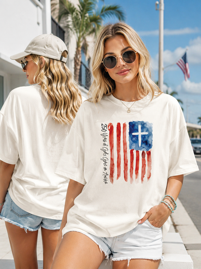 DailyFits 250 Years of God's Grace on America Christian Watercolor American Flag Patriotic T-Shirt