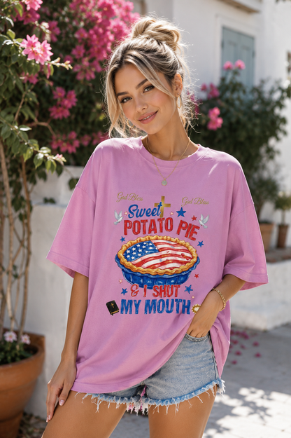 DailyFits Sweet Potato Pie Patriotic Graphic T-Shirt, Funny Southern Food Tee, God Bless America