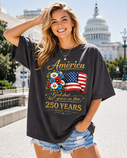 DailyFits America God Shed His Grace on Thee 250 Years Since 1776 Patriotic USA Flag Floral T-Shirt