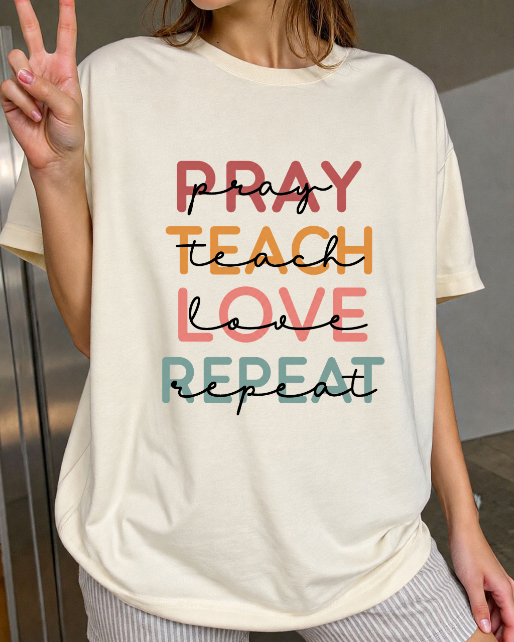 Pray Teach Love Repeat Christian Teacher T-Shirt