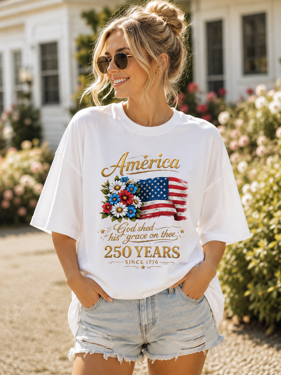 DailyFits America God Shed His Grace on Thee 250 Years Since 1776 Patriotic USA Flag Floral T-Shirt