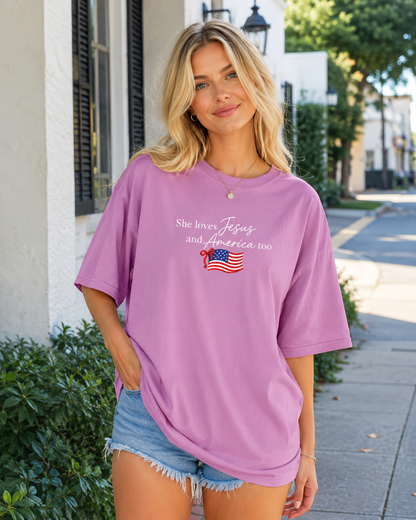DailyFits She Loves Jesus and America Too Pink T-Shirt | Patriotic Christian Faith Shirt for Women