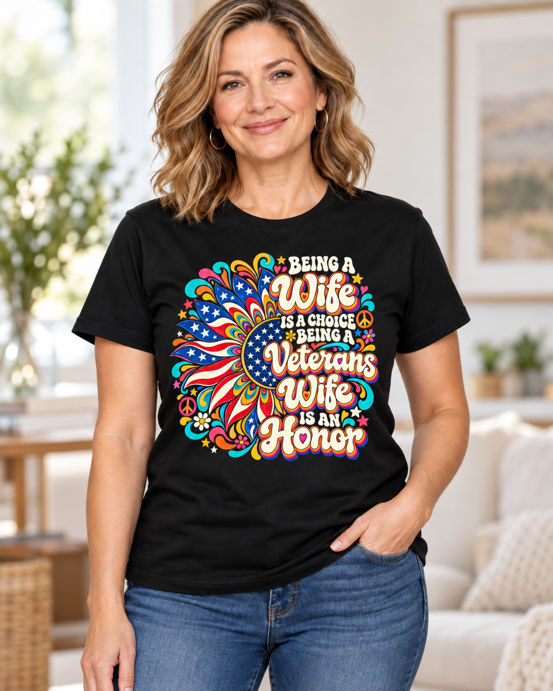 DailyFits Veterans Wife Shirt, Being a Veterans Wife Is an Honor Tee, Retro Hippie Patriotic Graphic
