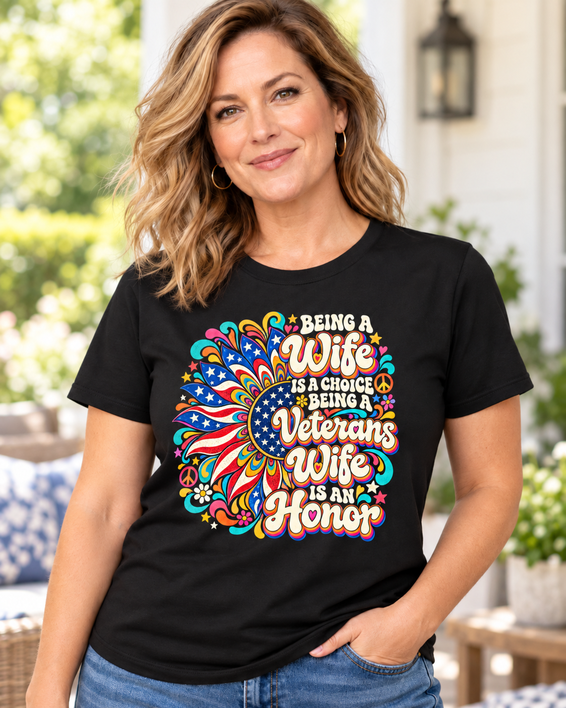 DailyFits Veterans Wife Shirt, Being a Veterans Wife Is an Honor Tee, Retro Hippie Patriotic Graphic