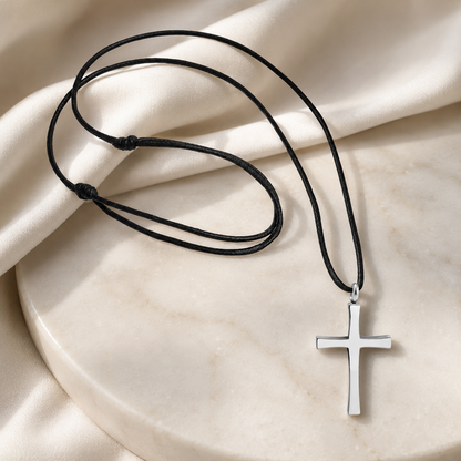 Stainless Steel Cross Necklace with Black Leather Cord