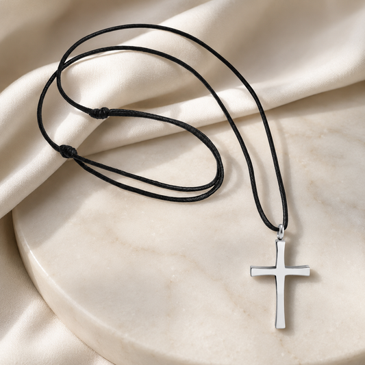 Stainless Steel Cross Necklace with Black Leather Cord