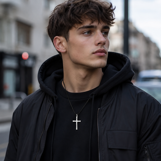 Stainless Steel Cross Necklace with Black Leather Cord
