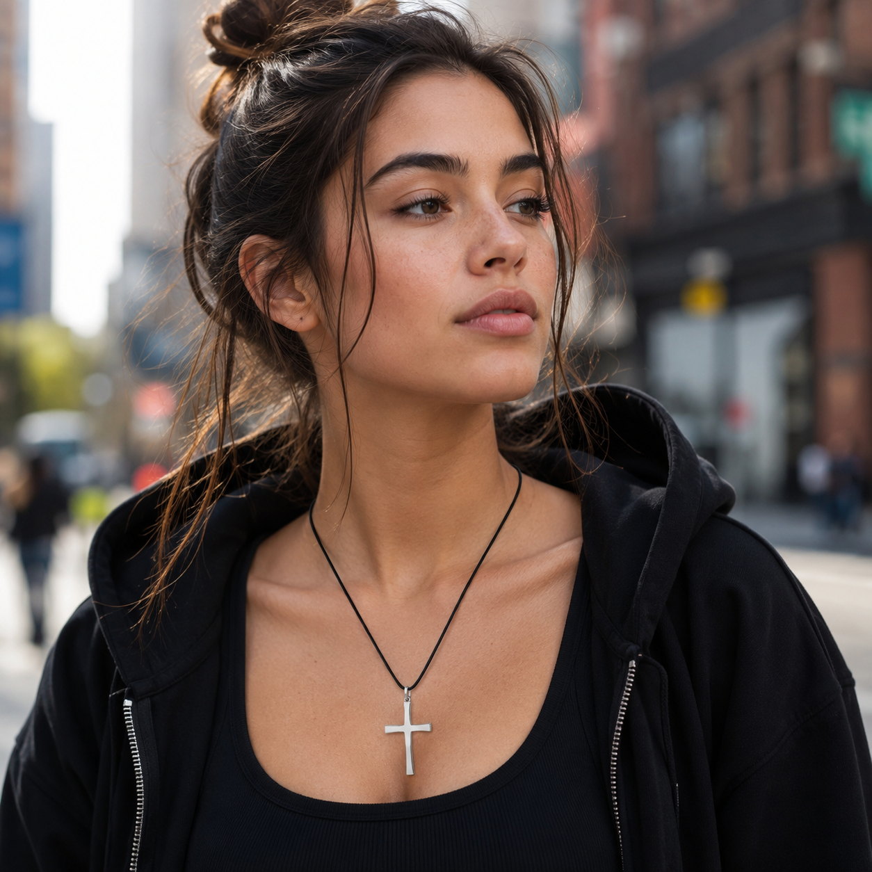 Stainless Steel Cross Necklace with Black Leather Cord